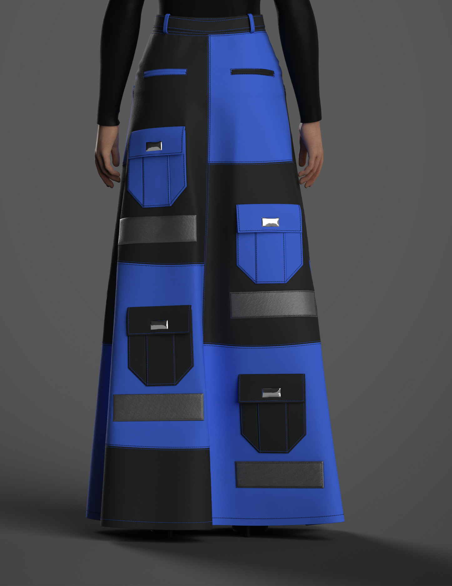 Black and royal blue patchwork reflector cargo skirt