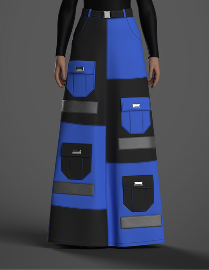 Black and royal blue patchwork reflector cargo skirt