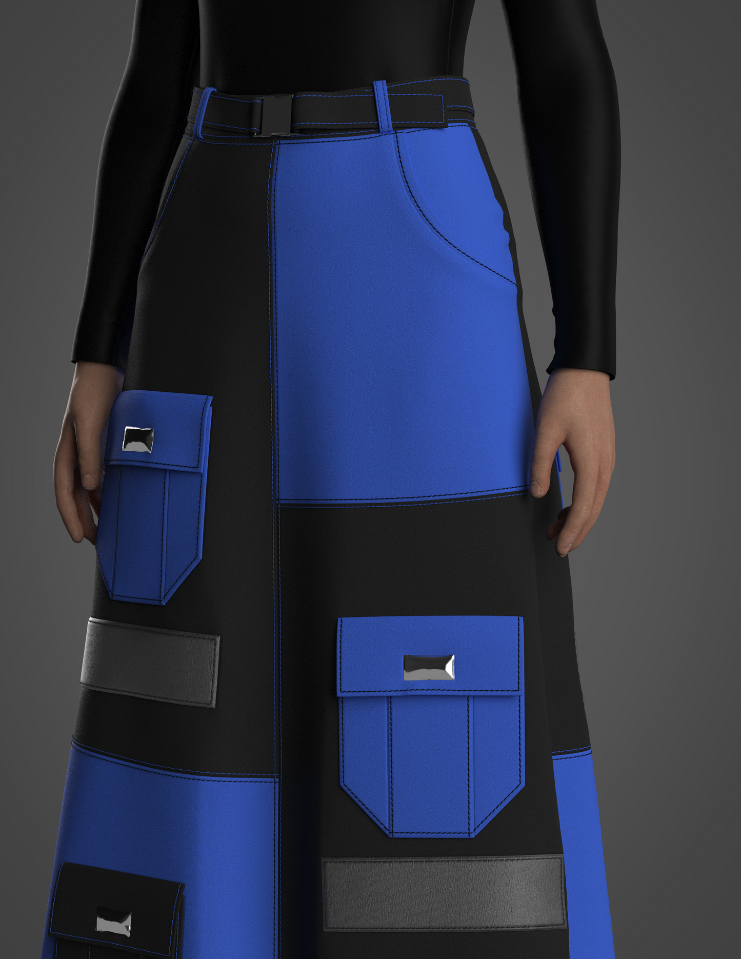 Black and royal blue patchwork reflector cargo skirt